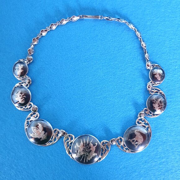 1940s Magnificent Siam Nakon Sterling 930 Silver Black Enamel Statement Necklace - Picture 5 of 17